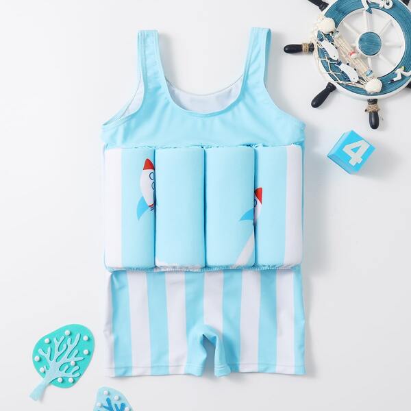

Toddler Boys Rocket Print Float One Piece Swimsuit, Baby blue