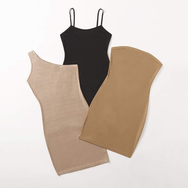 

1pc Cami Dress & 1pc One Shoulder Dress & 1pc Tube Dress, Multicolor