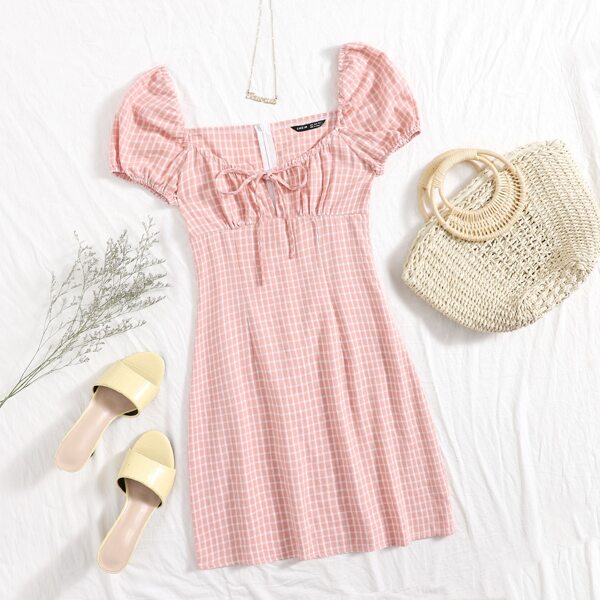 

Tie Front Grid Print Dress, Baby pink