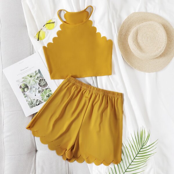 

Scallop Trim Halter Top With Shorts, Mustard yellow