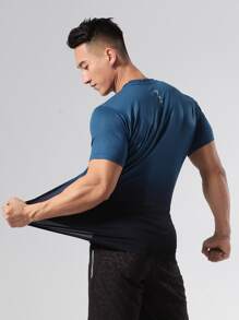 男士漸層印花運動短袖T恤，健身運動上衣 - 藏蓝色 - 查看 2