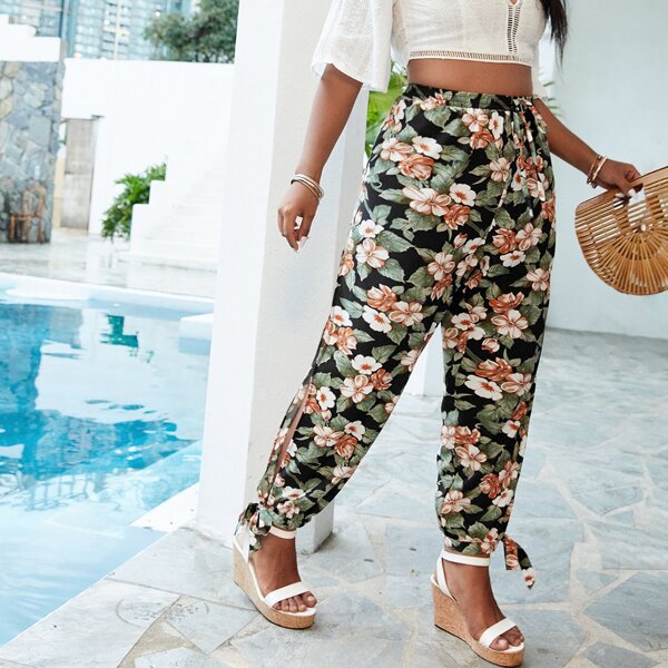 

Plus Split Knot Hem Floral Print Pants, Multicolor