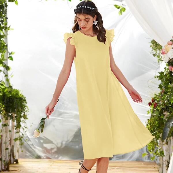 

Ruffle Trim Solid Tunic Dress, Yellow