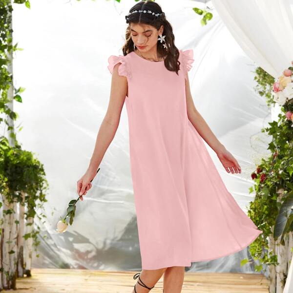 

Ruffle Trim Solid Tunic Dress, Baby pink