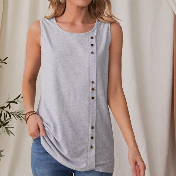 

Striped Button Front Tank Top, Light grey