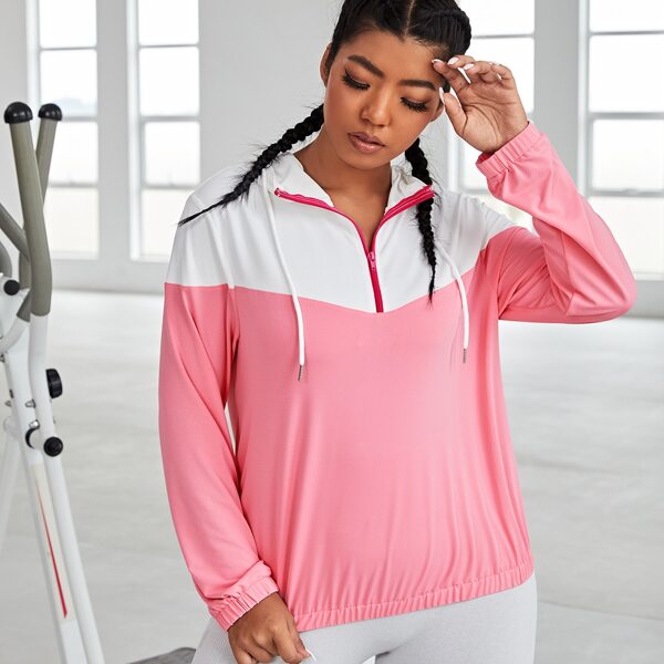 

Plus Two Tone Half Placket Sports Hoodie, Watermelon pink