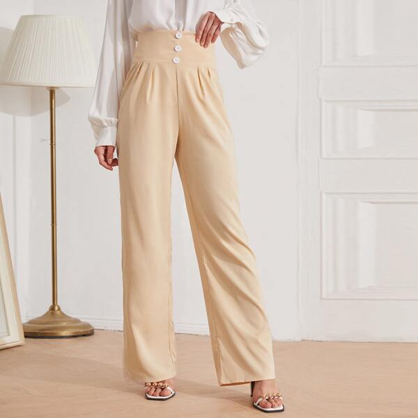 

High Waist Button Decoration Pants, Apricot
