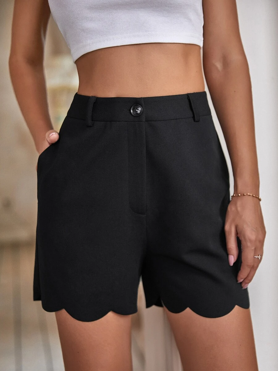 Scallop Trim Tailored Shorts - Black - View 1