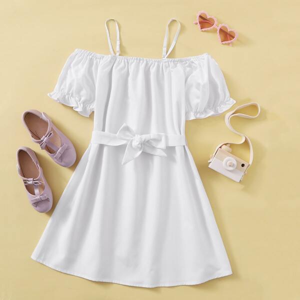 

Girls Cold Shoulder Belted Dress, White