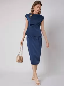MOTF PREMIUM PEPLUM TOP & STRAIGHT SKIRT SET - Navy Blue - View 1