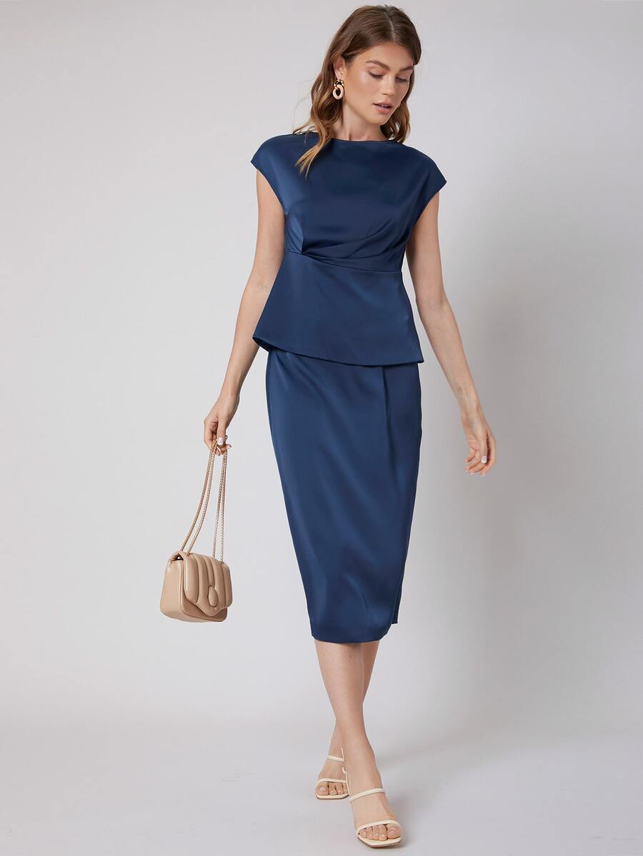 MOTF PREMIUM PEPLUM TOP & STRAIGHT SKIRT SET - Navy Blue - View 1