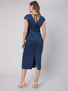 MOTF PREMIUM PEPLUM TOP & STRAIGHT SKIRT SET - Navy Blue - View 2