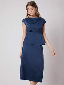 MOTF PREMIUM PEPLUM TOP & STRAIGHT SKIRT SET - Navy Blue - View 4