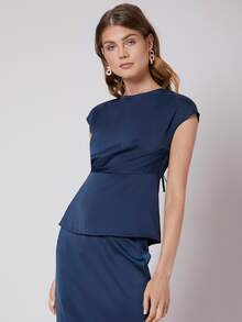 MOTF PREMIUM PEPLUM TOP & STRAIGHT SKIRT SET - Navy Blue - View 5
