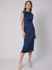 MOTF PREMIUM PEPLUM TOP & STRAIGHT SKIRT SET - Navy Blue - View 7
