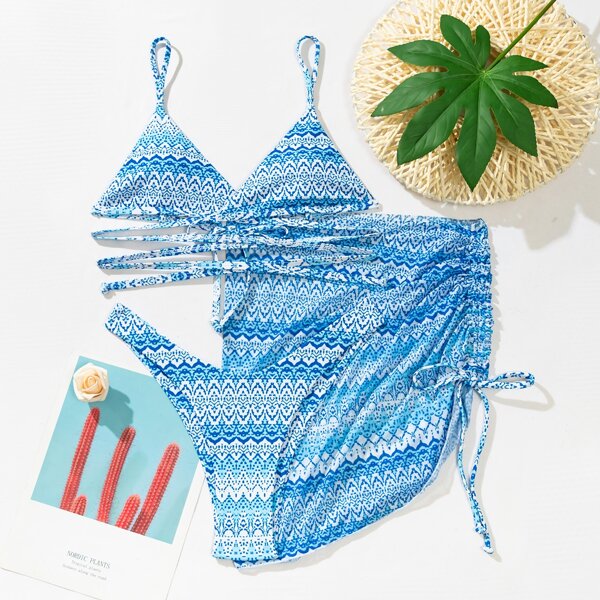 

3pack Allover Graphic Wrap Bikini Swimsuit & Beach Skirt, Blue and white