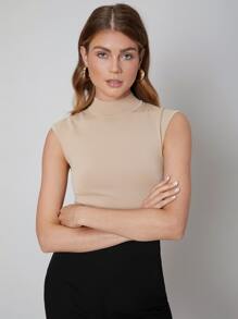 SHEIN Viscose Slim Mock Neck Knit Top - Apricot - View 1