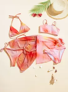 Swim Vcay Summer Beach Ombre Bikini Set, Halter Triangle Bikini Top & Tie Side Bikini Bottom & Cover Up Skirt 3 Pieces Bikini, Bathing Suit - Orange - View 7