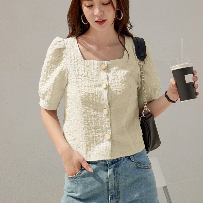 

Solid Square Neck Puff Sleeve Blouse, Beige