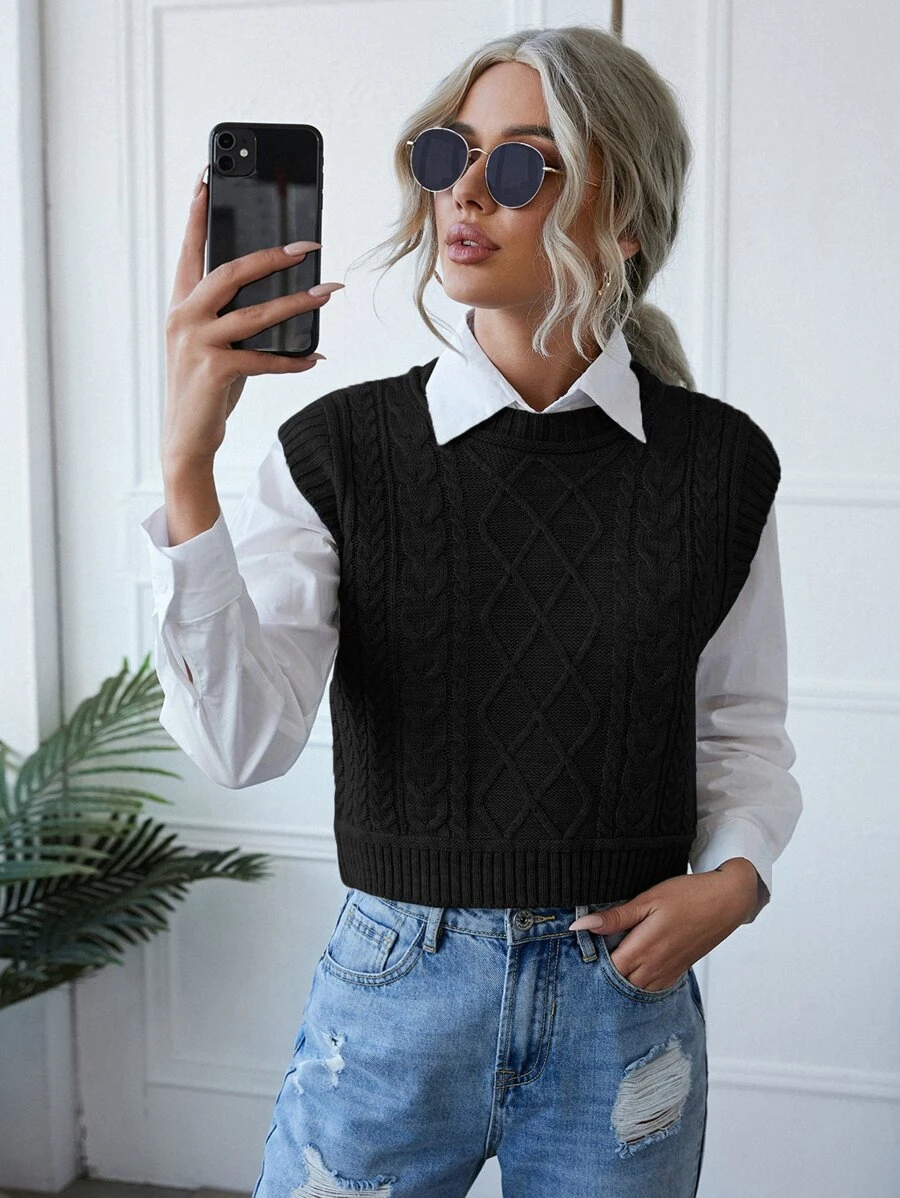 SHEIN Essnce Cable Knit Sweater Vest Without Blouse - Black - View 1