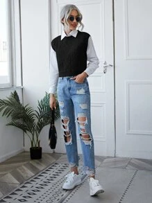 SHEIN Essnce Cable Knit Sweater Vest Without Blouse - Black - View 3