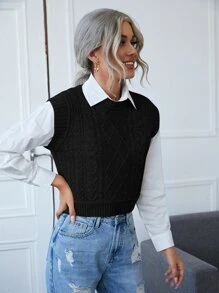 SHEIN Essnce Cable Knit Sweater Vest Without Blouse - Black - View 4