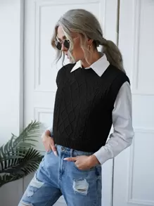 SHEIN Essnce Cable Knit Sweater Vest Without Blouse - Black - View 5