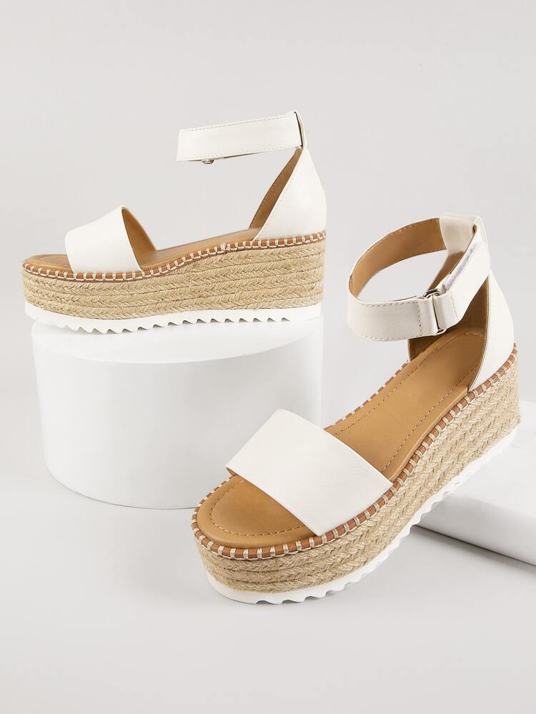Faux Leather Ankle Strap Platform Espadrille Wedges