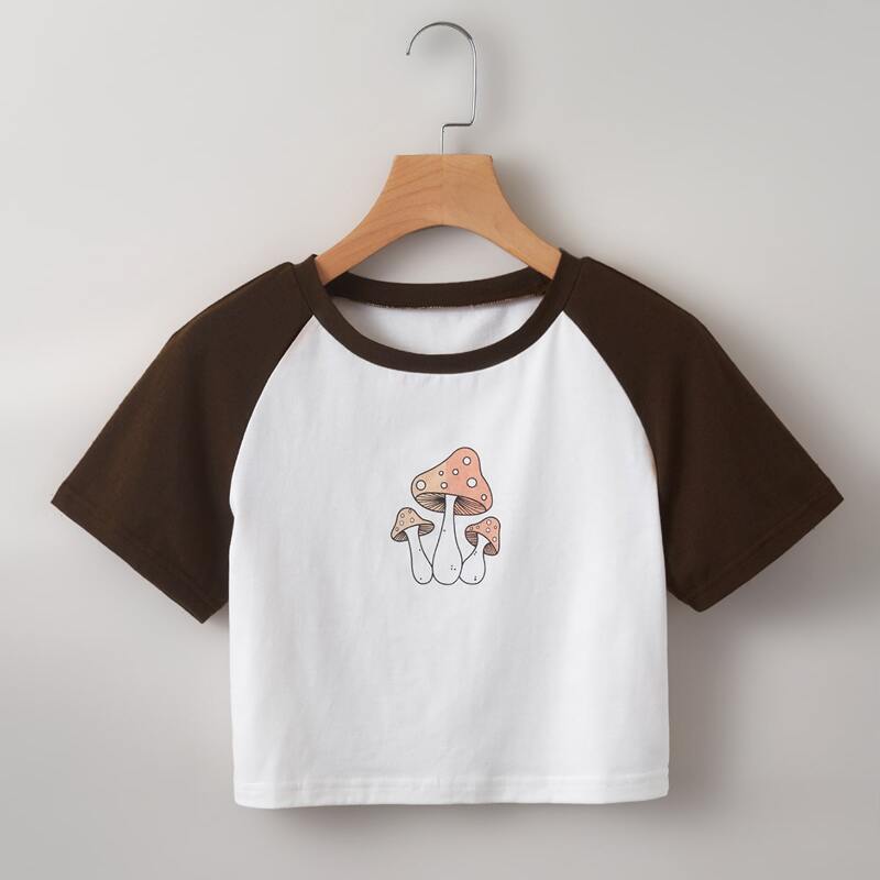 

Mushroom Graphic Colorblock Crop Tee, Multicolor