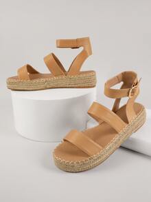 Pleather Ankle Strap Espadrille Sandals - Camel - View 4