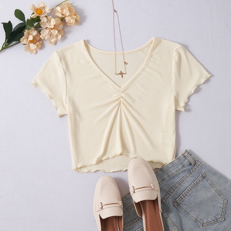

Ruched Ribbed Crop Top, Beige