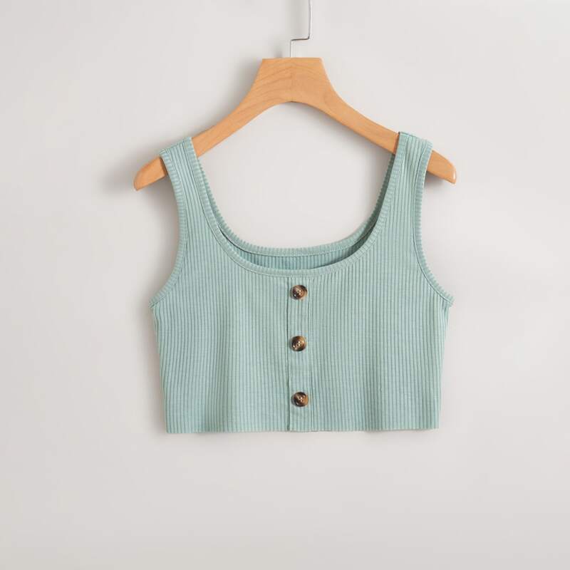 

Solid Button Front Ribbed Tank Top, Mint green