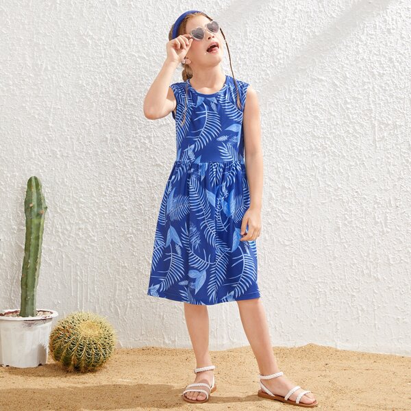 

Girls Allover Plants Print Sleeveless Smock Dress, Blue