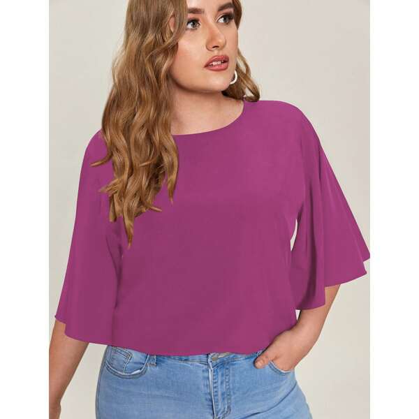 

Plus Solid Flutter Sleeve Blouse, Hot pink
