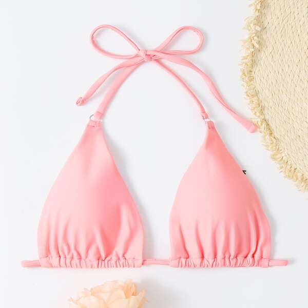 

Ring Linked Halter Bikini Top, Coral pink