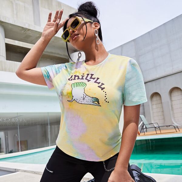 

Plus Cartoon Graphic Tie Dye Tee, Multicolor