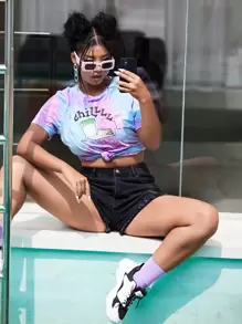 Sparklebombb! Plus Cartoon & Letter Graphic Tie Dye Tee - Multicolor - View 1