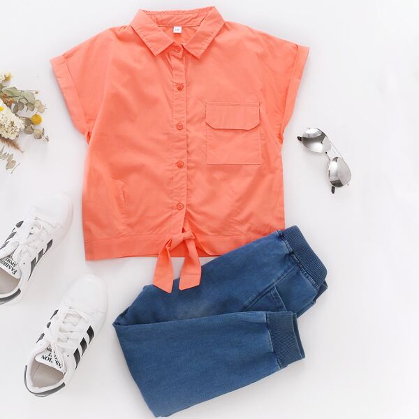 

Girls Solid Knot Hem Blouse, Burnt orange