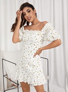 SHEIN Ditsy Floral Off Shoulder Puff Sleeve Ruffle Detail Schiffy Dress