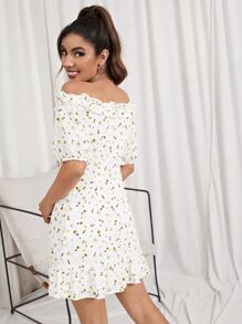 SHEIN Ditsy Floral Off Shoulder Puff Sleeve Ruffle Detail Schiffy Dress