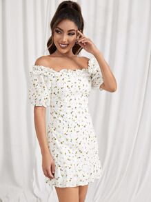 SHEIN Ditsy Floral Off Shoulder Puff Sleeve Ruffle Detail Schiffy Dress