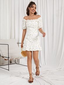 SHEIN Ditsy Floral Off Shoulder Puff Sleeve Ruffle Detail Schiffy Dress
