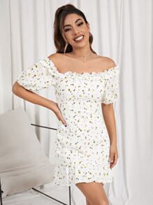 SHEIN Ditsy Floral Off Shoulder Puff Sleeve Ruffle Detail Schiffy Dress