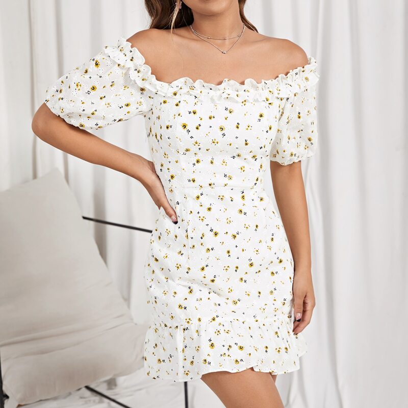 

Ditsy Floral Off Shoulder Puff Sleeve Ruffle Detail Schiffy Dress, White