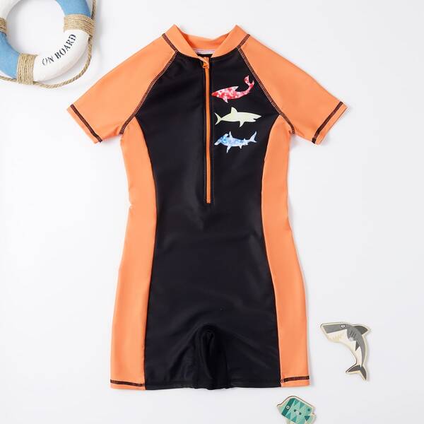 

Boys Shark Print Zipper Front One Piece Swimsuit, Multicolor