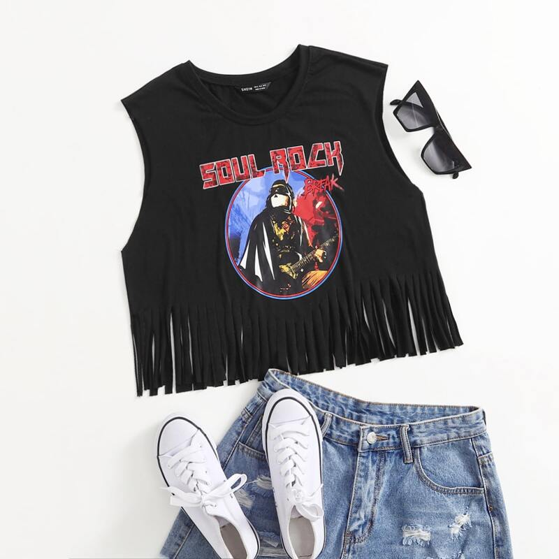 

Fringe Hem Figure & Letter Graphic Tank Top, Black