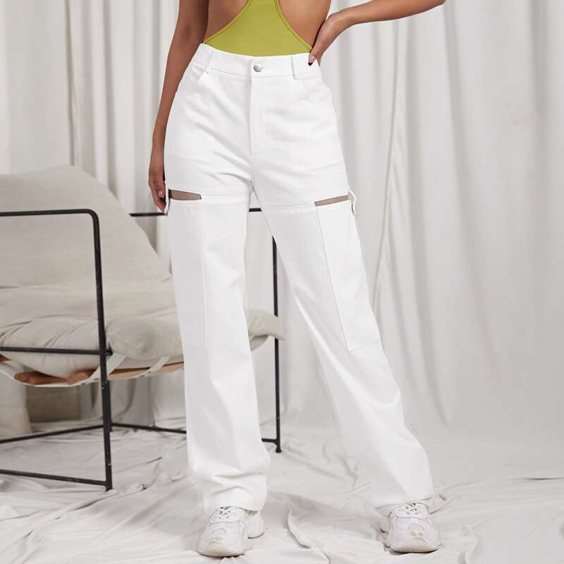 

Buttoned Strap Cutout Detail Pants, White
