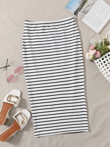 SHEIN Essnce Plus Striped Pencil Skirt - White - View 1