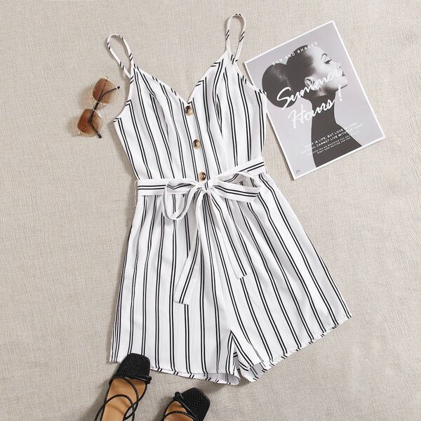 

Plus Button Front Striped Belted Cami Romper, White