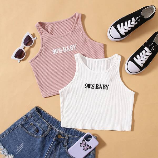 

2pc Letter Graphic Rib-knit Tank Top Set, Multicolor